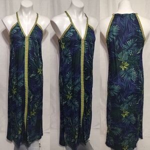 NEW America & Beyond Tropical Leaf Toucan Print A-Line Maxi Dress XS Boho Chic